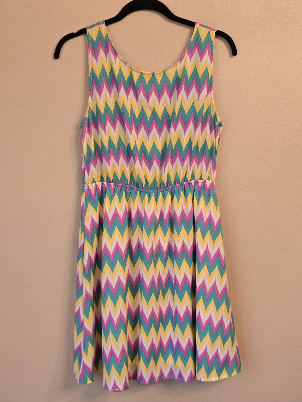 Chevron Sleeveless Y2k Summer Dress in Teal, Pink & Yellow Size Large - Picture 1 of 5